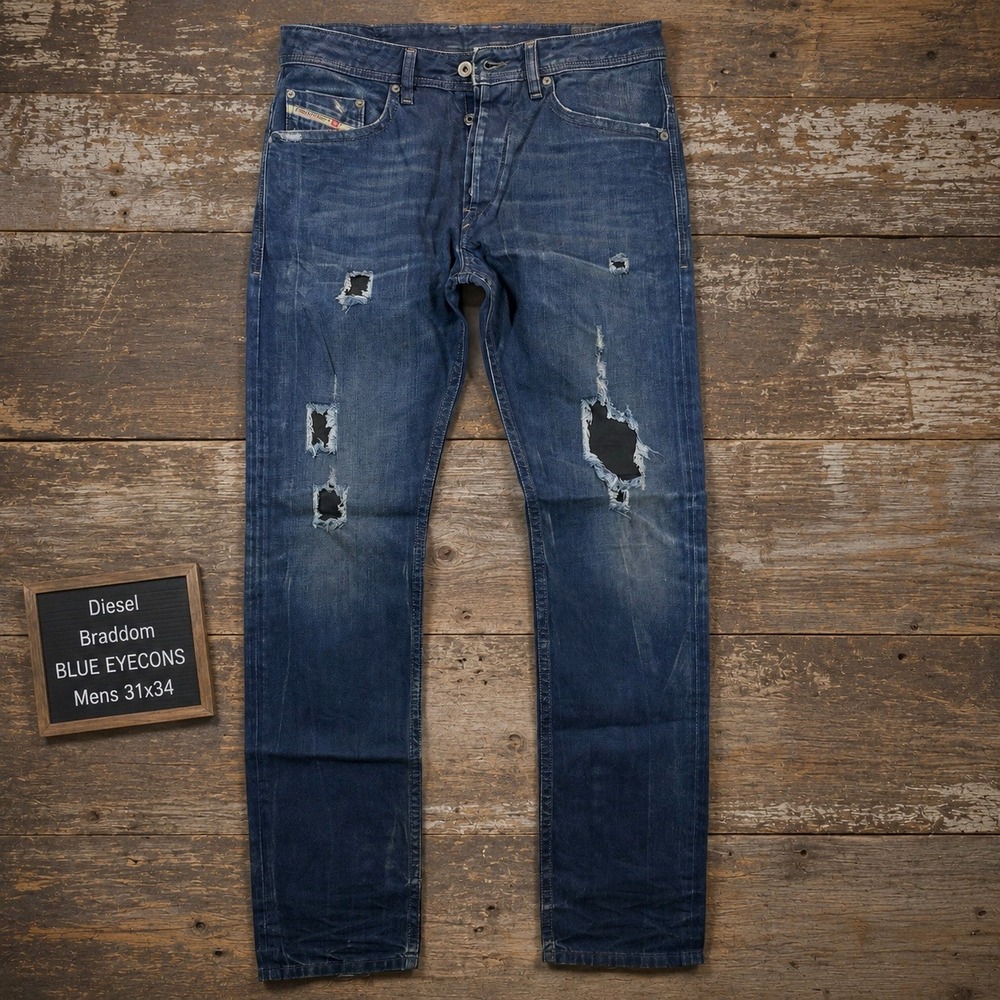 Diesel Braddom Blue Eyecons 2011/2 Distressed Repaired Jeans Mens 31x34 Italy
